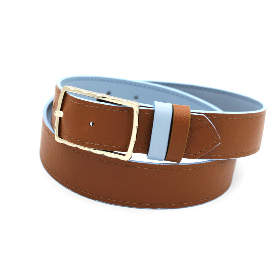Ceinture réversible bleu clair & marron, boucle fine légèrement dorée