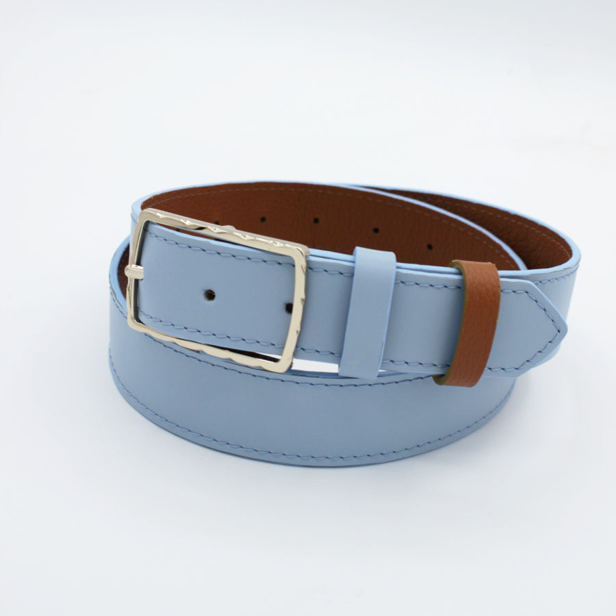 Ceinture réversible bleu clair & marron, boucle fine légèrement dorée